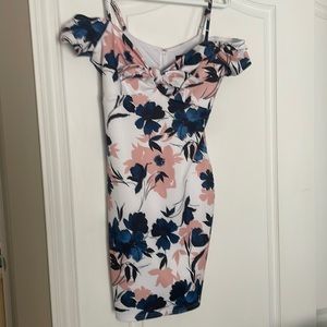 Le Chateau capped knee length dress. Steel blue and coral flowers. Sm & new